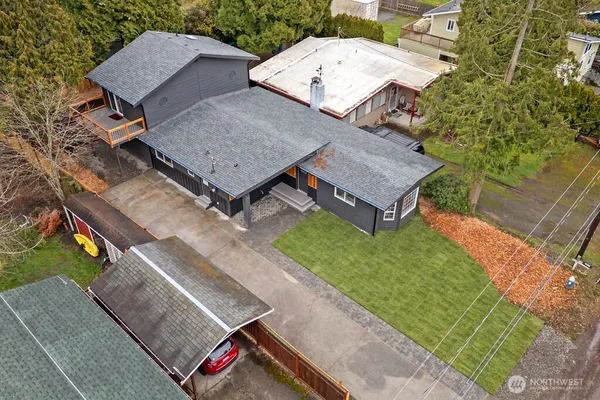 an aerial view of a house with garden