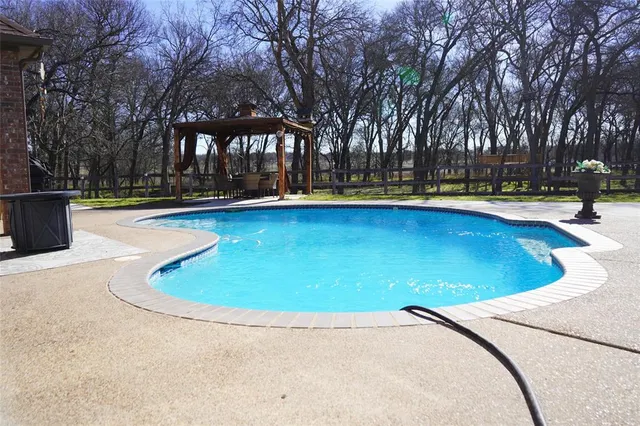 a view of swimming pool and trees in the background
