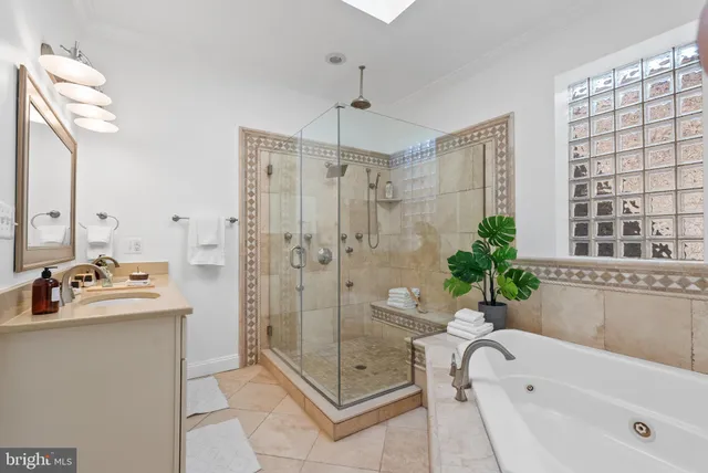 a bathroom with a tub a potted plant and a shower