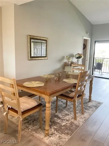 a view of a dining room with furniture