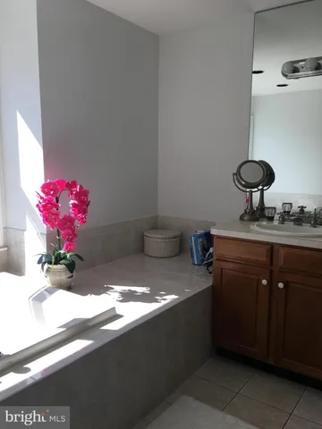 a bathroom with a sink mirror and vanity