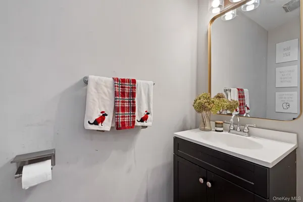 a bathroom with a sink vanity and a mirror