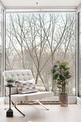 a vase of flowers sitting on a table with large trees