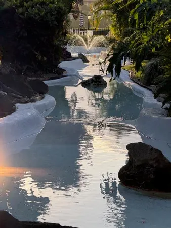 a water fountain in the middle of a yard