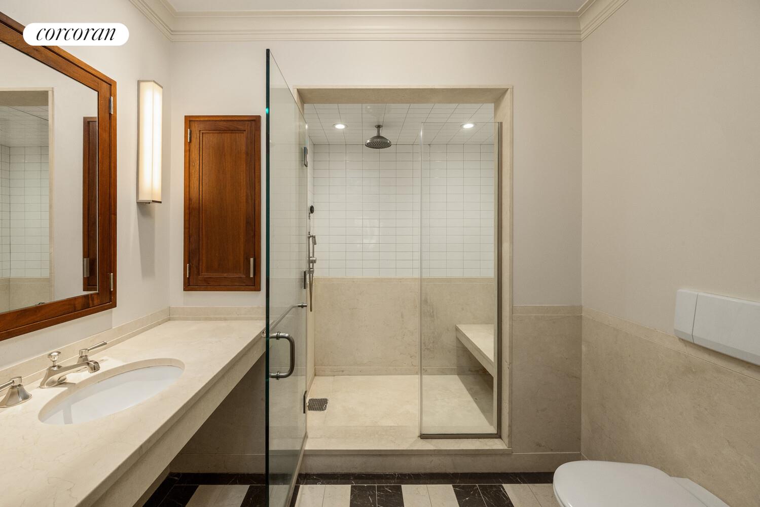4 East 73rd Street Manhattan, NY 10021 - Photo 25 of 32 a bathroom with a shower sink and mirror