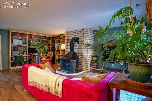 a living room with furniture and a potted plant