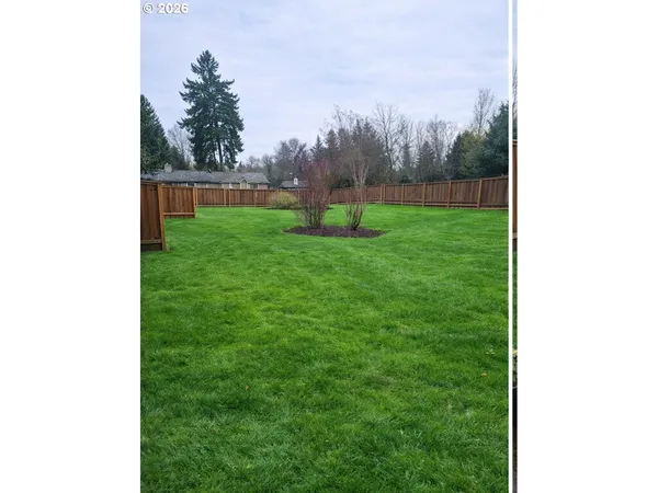 a view of a yard with wooden fence