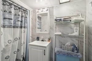 533 A Walnut Street Vandergrift, PA 15690 - Photo 37 of 46 a bathroom with a shower a mirror and a sink