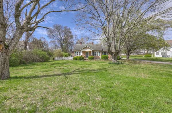 a view of a tree in front of a brick house with a big yard