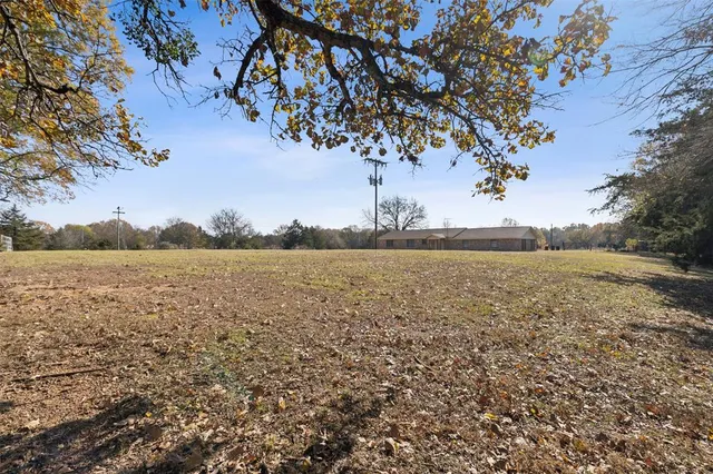 a view of a field with trees in background