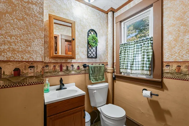 a bathroom with a toilet a sink and mirror