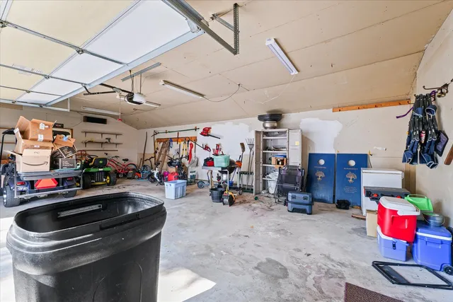 a view of a garage with storage