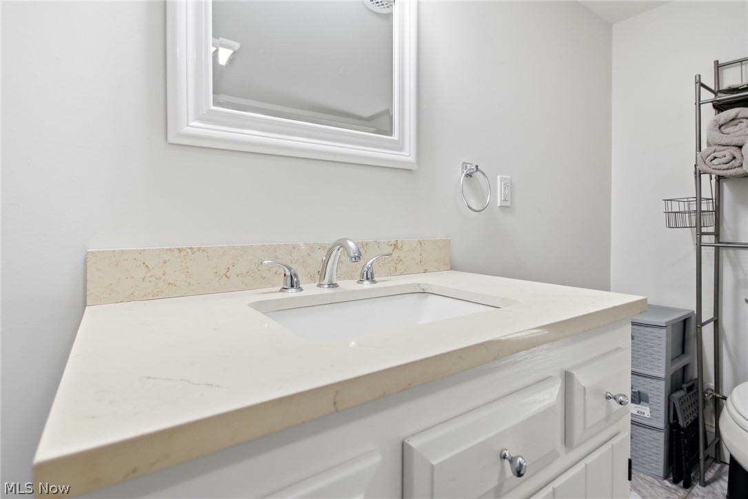 12684 Taylor Wells Road Chardon, OH 44024 - Photo 30 of 40 White vanity with paneling and chrome hardware, featuring an integrated sink, polished chrome faucet, and light-toned solid surface countertop