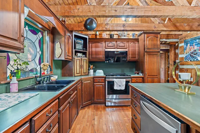 a kitchen with stainless steel appliances granite countertop a sink and wooden cabinets