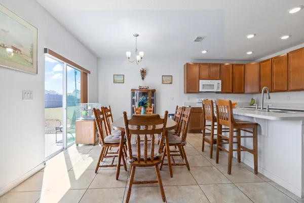 a view of a dining room with furniture