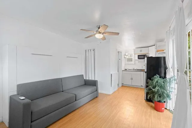 a living room with furniture flowerpot and a chandelier