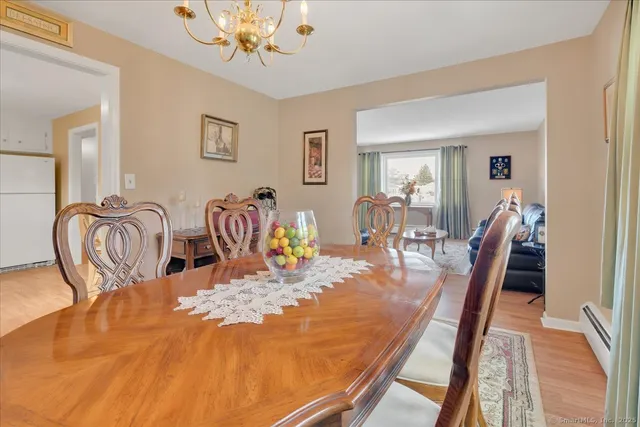 a view of a dining room with furniture