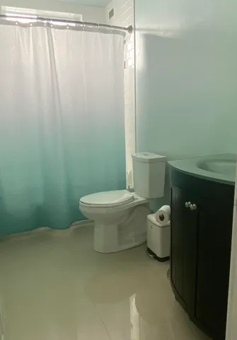 a white toilet sitting next to a shower curtain