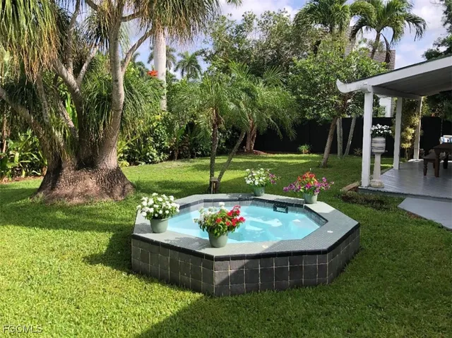 a view of a backyard with plants and garden