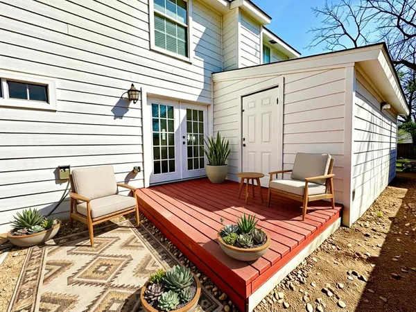a view of a patio with couches table and chairs with wooden floor