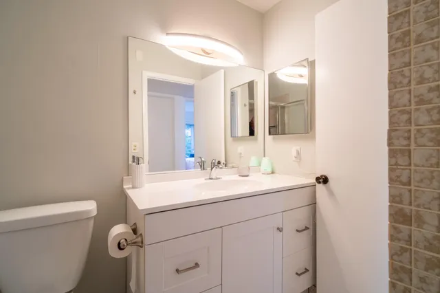 a bathroom with a sink a toilet a mirror and vanity
