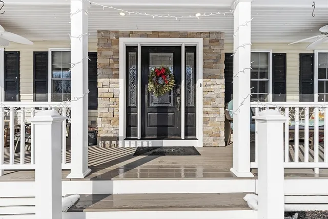a view of a brick building with a large window