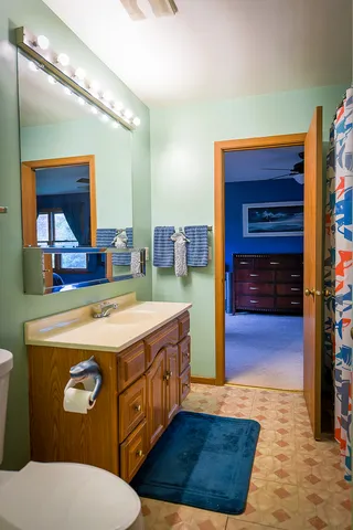 a bathroom with a sink a mirror and a toilet