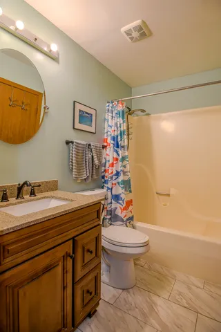 a bathroom with a sink a mirror a toilet and shower