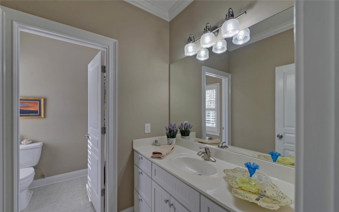 39 Azalea Drive Hartwell, GA 30643 - Photo 31 of 45 This bathroom features crown molding, a vanity with a sink, and a toilet.