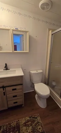a bathroom with a toilet a sink and mirror