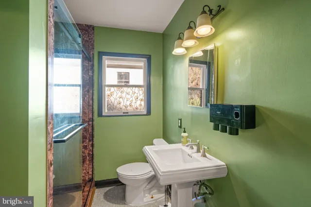 a bathroom with a sink a toilet and a mirror