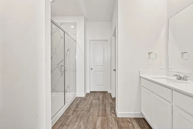 a view of bathroom with sink mirror and shower