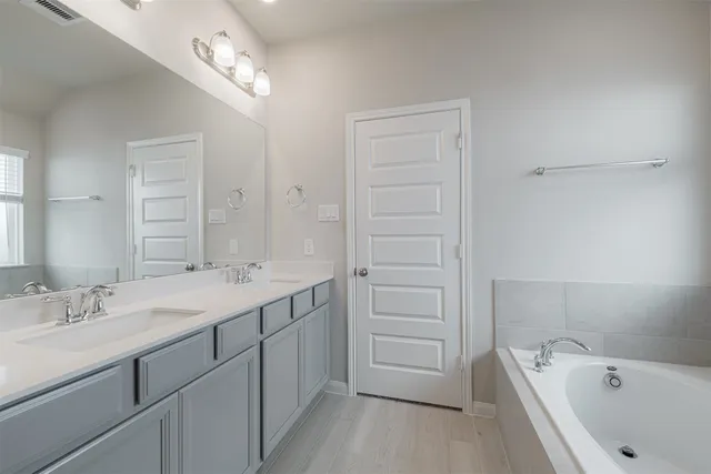a bathroom with a tub a sink and mirror