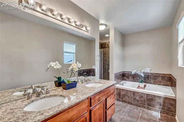 a bathroom with a granite countertop double vanity and a mirror