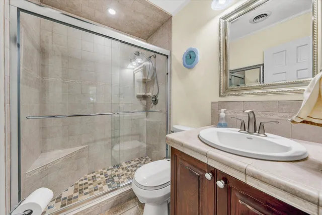 a bathroom with a sink toilet a mirror and shower