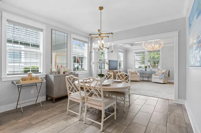 a view of a dining room with furniture window and outside view