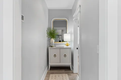 a bathroom with a sink a mirror and a potted plant