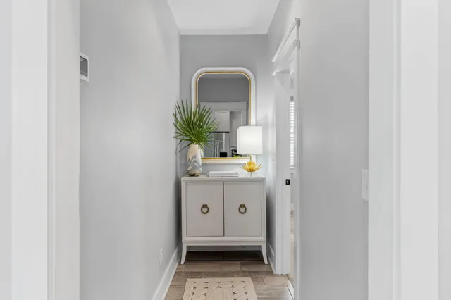 a bathroom with a sink a mirror and a potted plant