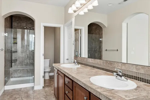 a bathroom with a granite countertop sink a mirror and shower