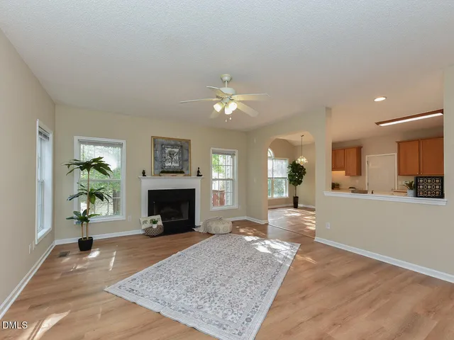 a living room with furniture and a potted plant