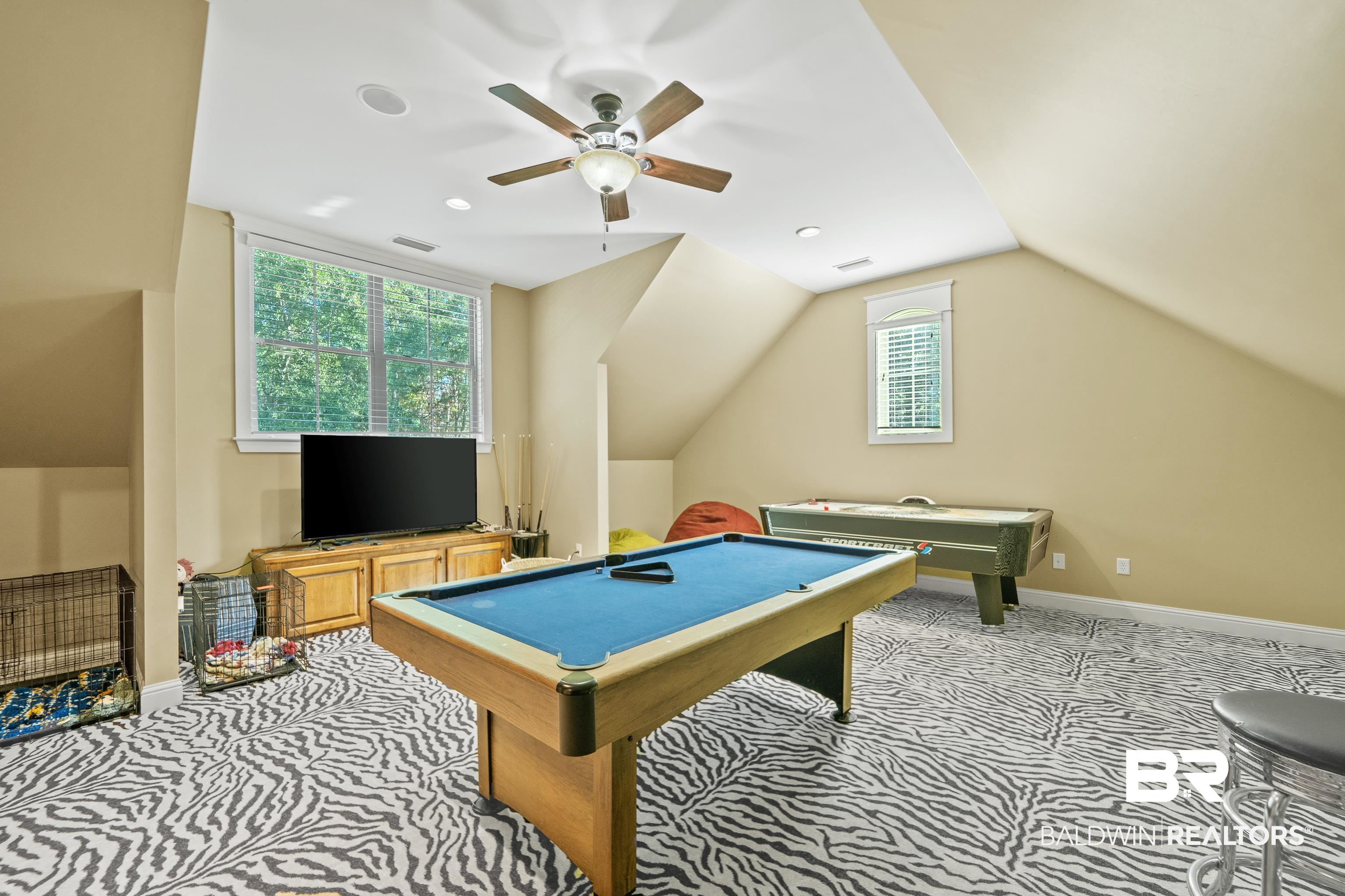 31829 Butler Drive Daphne, AL 36527 - Photo 36 of 48 Playroom with light carpet, billiards, vaulted ceiling, and ceiling fan