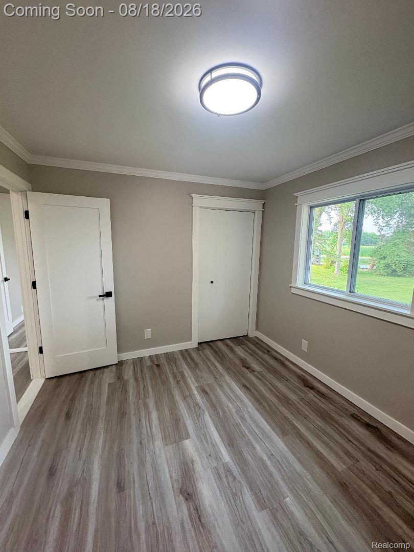 32563 Sutton Road New Baltimore, MI 48047 - Photo 33 of 43 Wood-finish flooring, white trim, flush-mount ceiling light, white paneled doors, and a window with exterior scenery