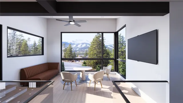 a living room with large window