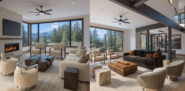 a view of a dining room with furniture large windows and garden view