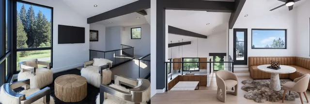 a view of a house with a yard and potted plants