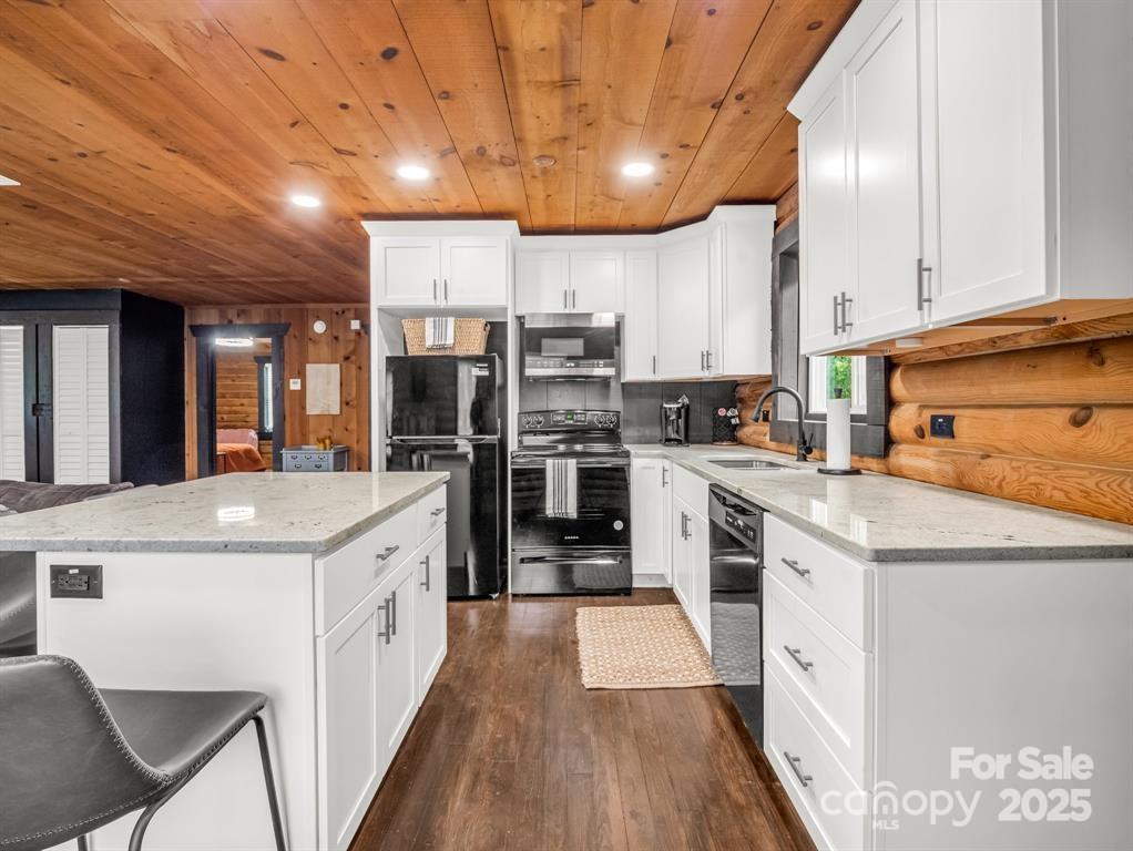 112 Bills Creek Road Lake Lure, NC 28746 - Photo 11 of 42 a kitchen with stainless steel appliances granite countertop a stove top oven a refrigerator a sink and dishwasher with white cabinets