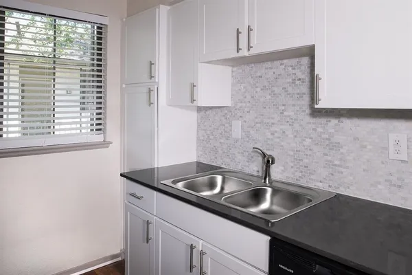 a kitchen with a sink and cabinets