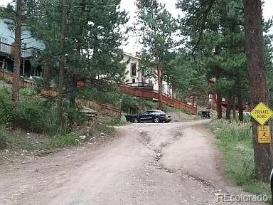 a view of a park with large trees