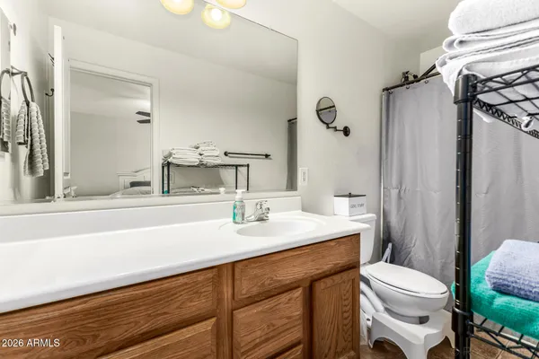 a bathroom with a sink a toilet a mirror and shower