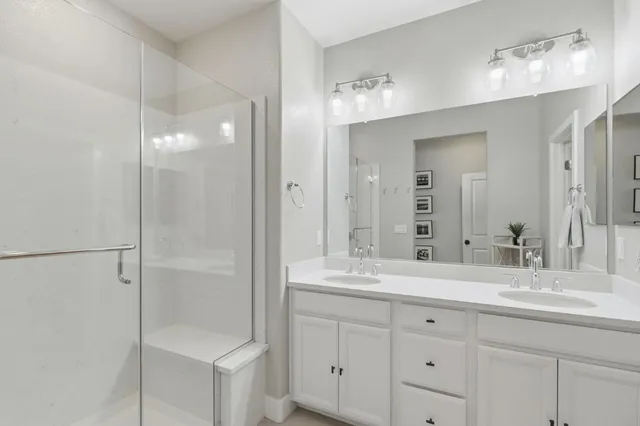 a bathroom with a shower sink and mirror